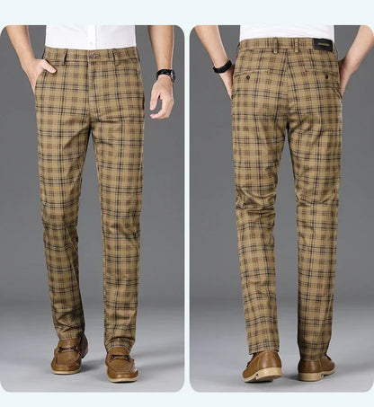 2024 Summer Classic Simple Straight Casual Pants for Men Personalized Checkered Versatile Stretch Business Casual Slim Trousers