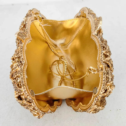 Women Gold Flower Clutch Evening Bags Bridal Wedding Handbags Formal Party Rhinestones Floral Purses