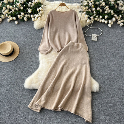 Autumn Casual Two Pieces Sets Women O-Neck Loose Knitting Top+Elastic Waist Large Swing Skirt Basic Korean Winter Sets