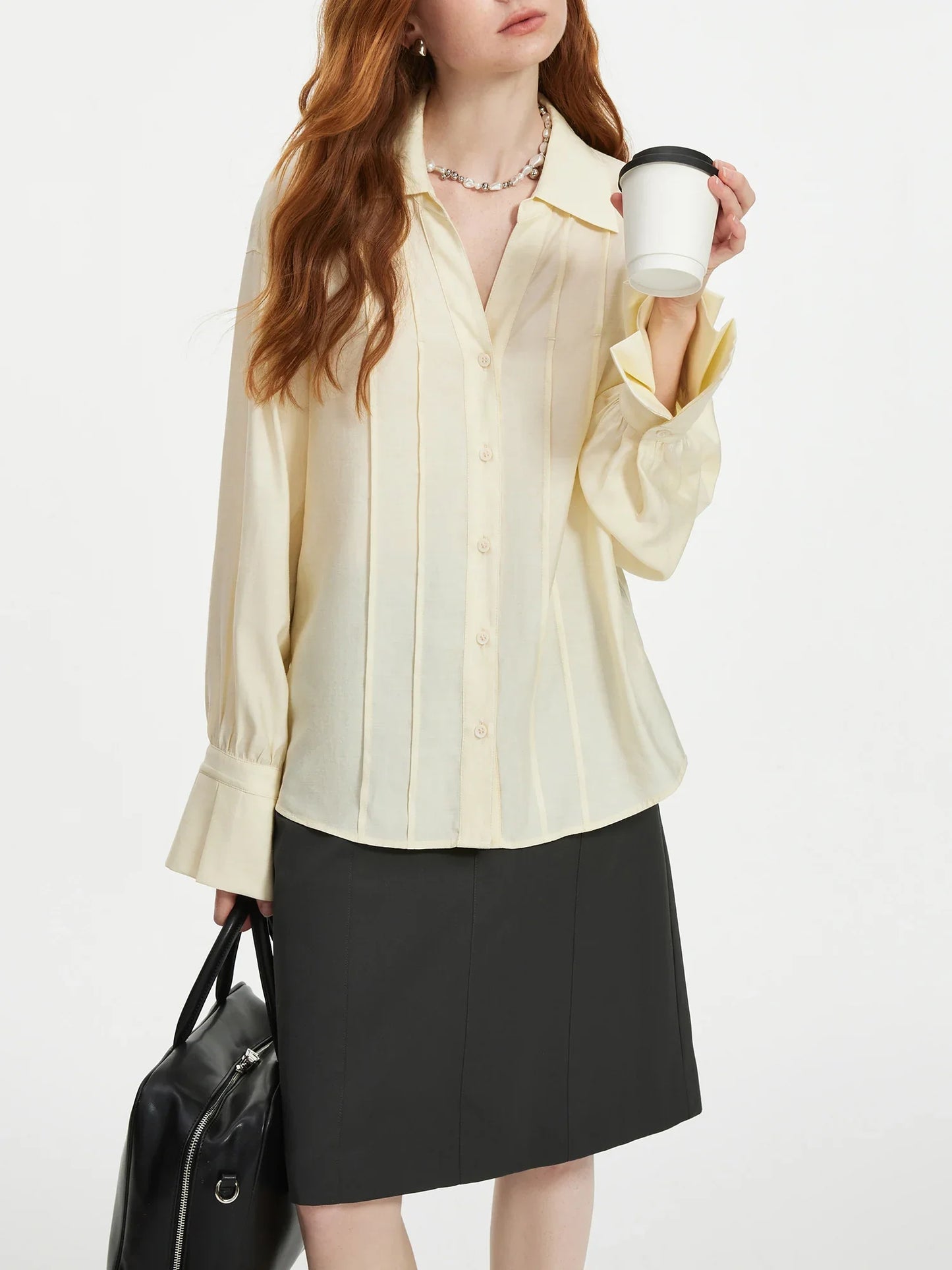 Women Long Sleeve Blouses V-Neck Women Pink Autumn Tops Striped Design Drop Shoulder Shirt Office Lady Blouse 24FS13299