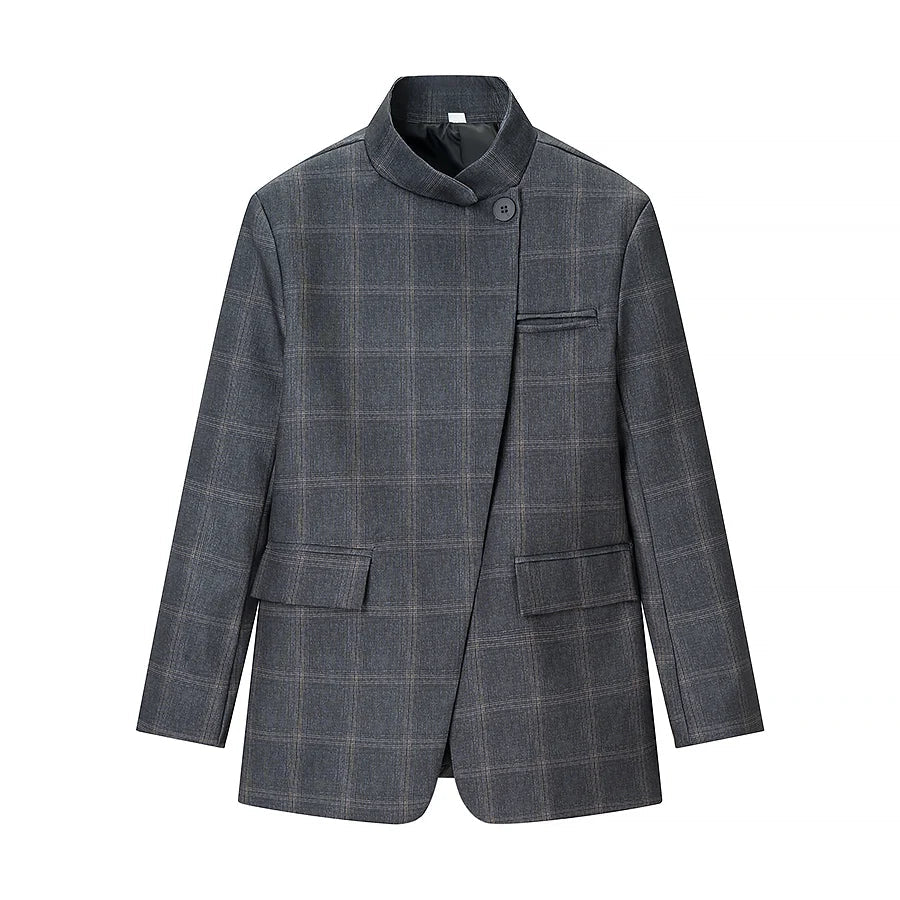 Women Fashion Plaid Blazer Coat Stand Collar Long Sleeve Jacket 2026 Spring Trend Casual Office Lady Chic Outerwear