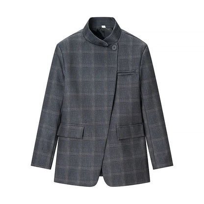 Women Fashion Plaid Blazer Coat Stand Collar Long Sleeve Jacket 2026 Spring Trend Casual Office Lady Chic Outerwear