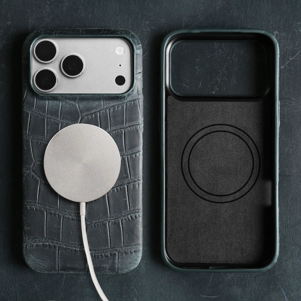 Magsafe Case For iphone 16 15 17 Pro Max Air 17e 16e 14 Plus 13 12 Mini 11 Crazy Horse Crocodile Genuine Leather Back Cover
