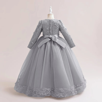 Long Sleeve Flower Bridesmaid Girls Dress Children Christmas Costume Lace Bow Princess Kids Dressees For Girl Party Wedding Gown