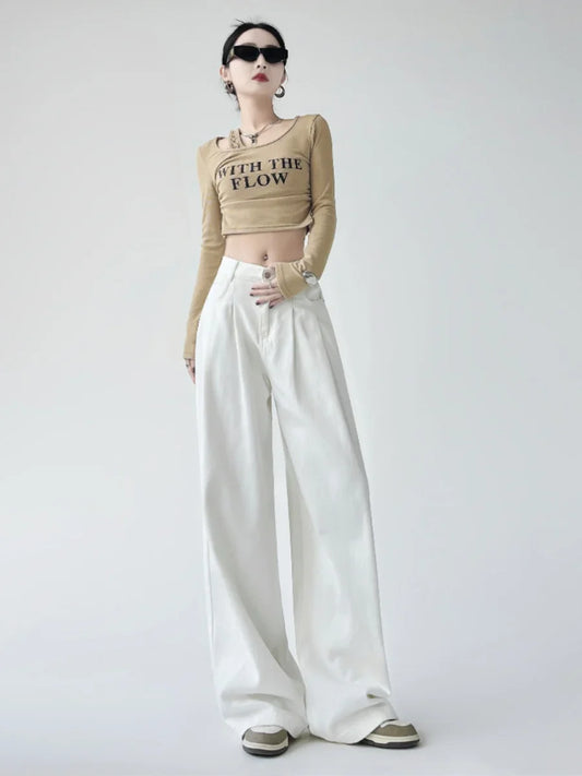 White Thin Pleated High Waist Non-Light Wide Leg Jeans Women's American High-End Loose Straight Lazy Floor-Length Pants