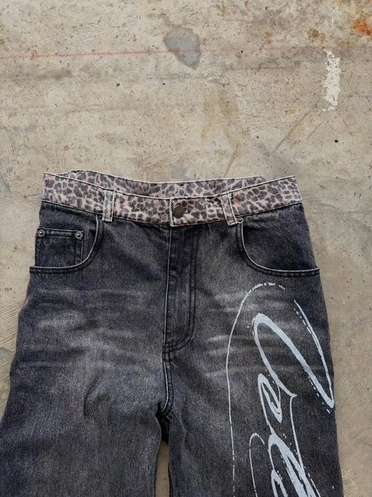 Leopard print hem jeans 2000s American casual jeans high waist straight wide leg jeans Harajuku retro women's clothing