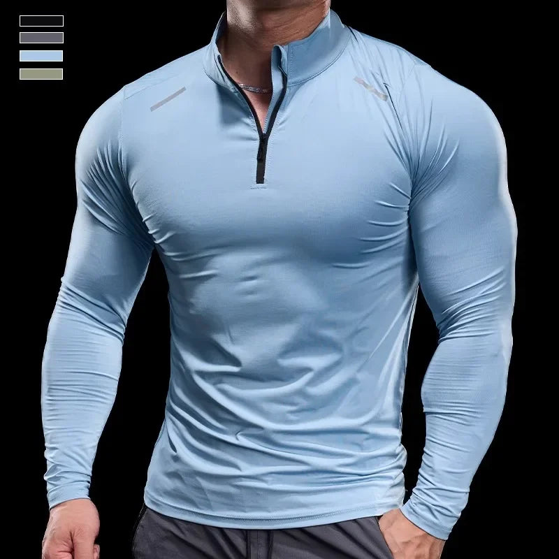 Men Long Sleeve Stand Collar Zipper T-shirt Gym Running Training Fitness Bodybuilding Sport Top Quality Elastic Tight Tops Tees