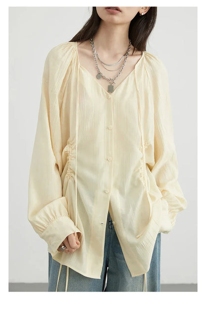 Women Loose Lace Up Shirt Solid New Korean V-neck Pleated Raglan Long Sleeved Blouses Female Tops Spring Summer 2026