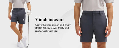 Men’s 7” Golf Shorts Lightweight Stretch Quick Dry Wrinkle Resistant Hidden Zipper Ball Pocket Travel Shorts Versatile