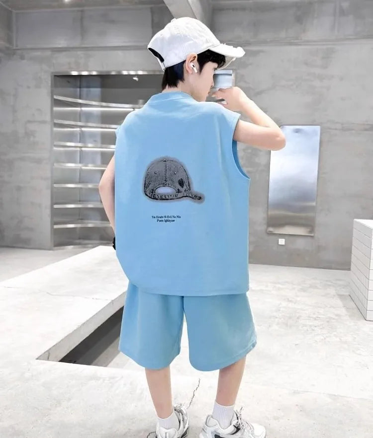 Boys' 2025 Summer New Arrival Sleeveless Two-Piece Vest & Sports Set for Big & Tall Kids