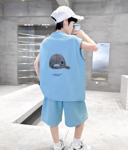Boys' 2025 Summer New Arrival Sleeveless Two-Piece Vest & Sports Set for Big & Tall Kids