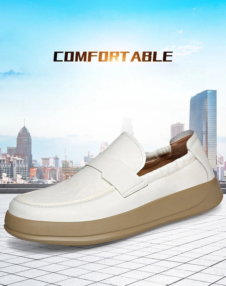 Spring Summer New Genuine Leather Shoes Men Solid Color Fashion Loafers Male Soft Sole Anti-slip Height-increasing Loafers Man
