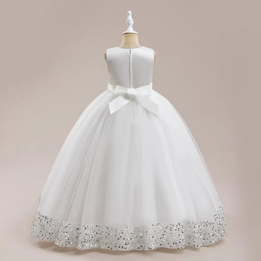 Fluffy Sequin Bridemaid Princess Girls Dress Elegant Bow Pink Wedding Prom Evening Kids Party Dresses for Girl Birthday Costumes