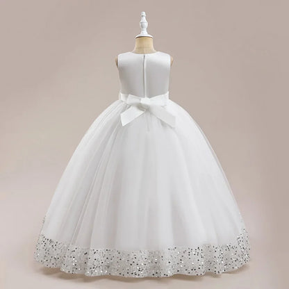 Fluffy Sequin Bridemaid Princess Girls Dress Elegant Bow Pink Wedding Prom Evening Kids Party Dresses for Girl Birthday Costumes