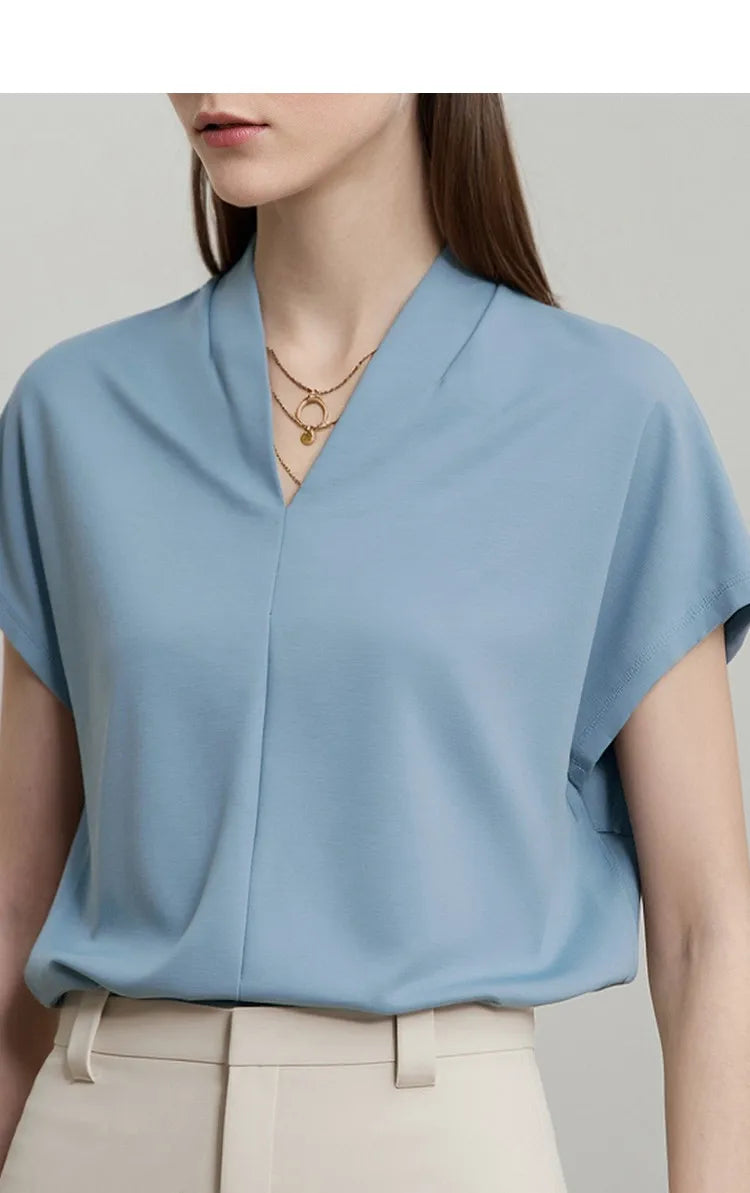 Minimalism 2026 Summer Women's T-shirt Classic Style Casual V-neck Short Sleeve Solid Stretch Female Tops & Tees 12612011
