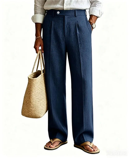 Mens Linen Casual Dress Pants Old Money Pleated Wide Leg Baggy Vintage Relaxed Fit Slacks Work Office Trousers