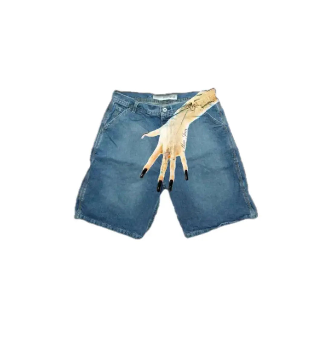 Deeptown Y2k Vintage Harajuku Denim Shorts Women Washed Letter Embroidery Tassels American Retro Jeans Man Baggy Hip Hop Jorts