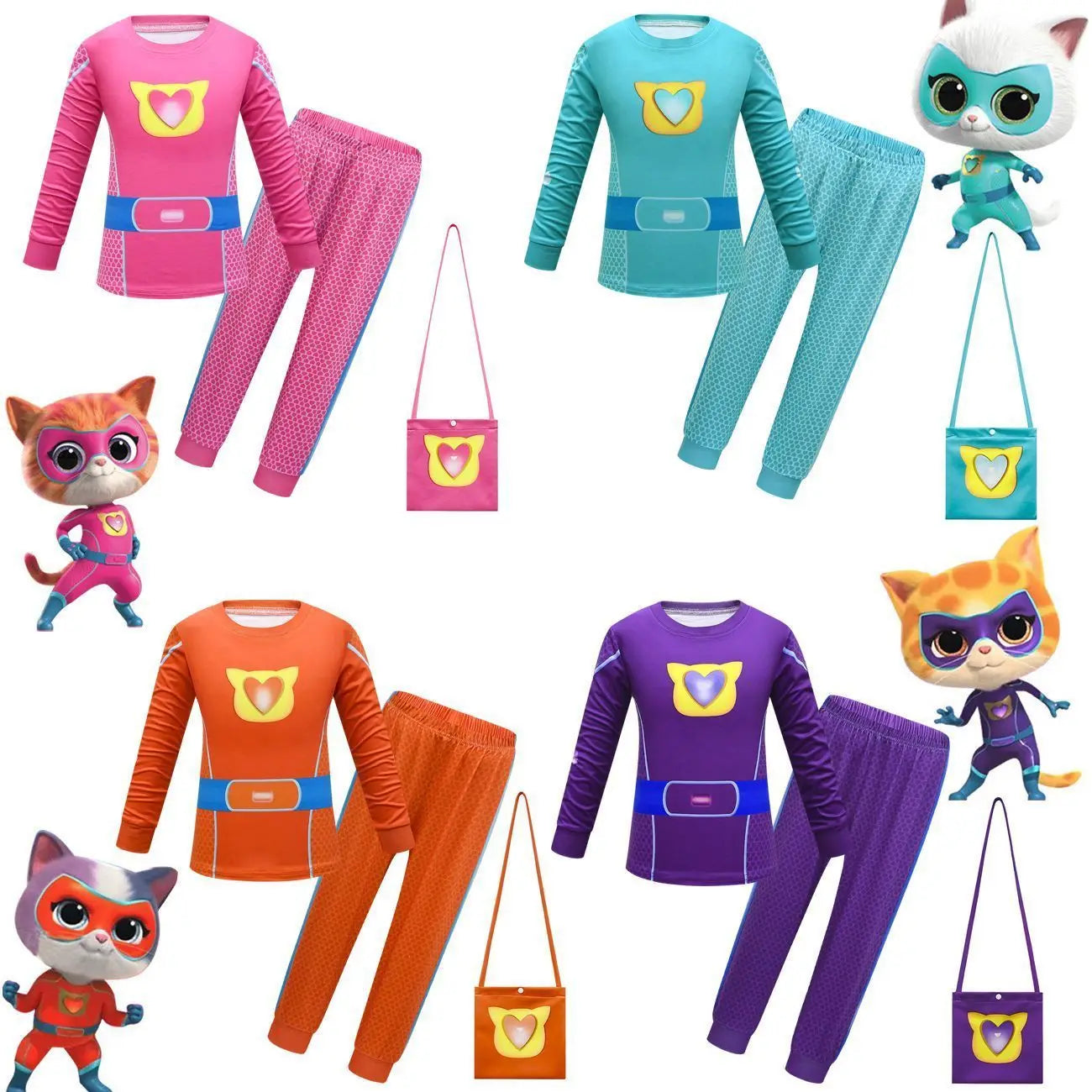 Children SuperKitties Halloween Cartoon Boys Cosplay Costume Super Kitties Buddy Girls Cos Suits Mask Bag Kids Birthday Clothing