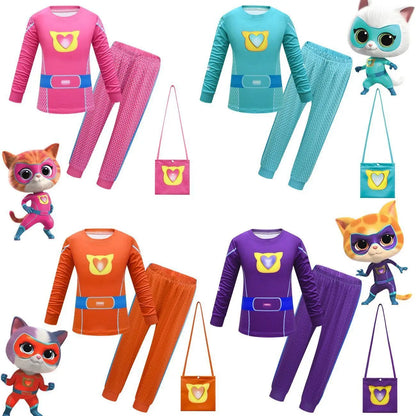 Children SuperKitties Halloween Cartoon Boys Cosplay Costume Super Kitties Buddy Girls Cos Suits Mask Bag Kids Birthday Clothing