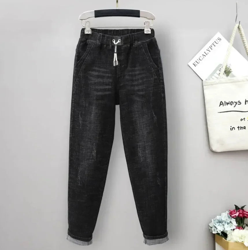 Large Size Baggy Jeans Woman High Waist Loose Harem Pants Elastic Cotton Denim Pants Women Denim Jeans Mom Ripped Jeans