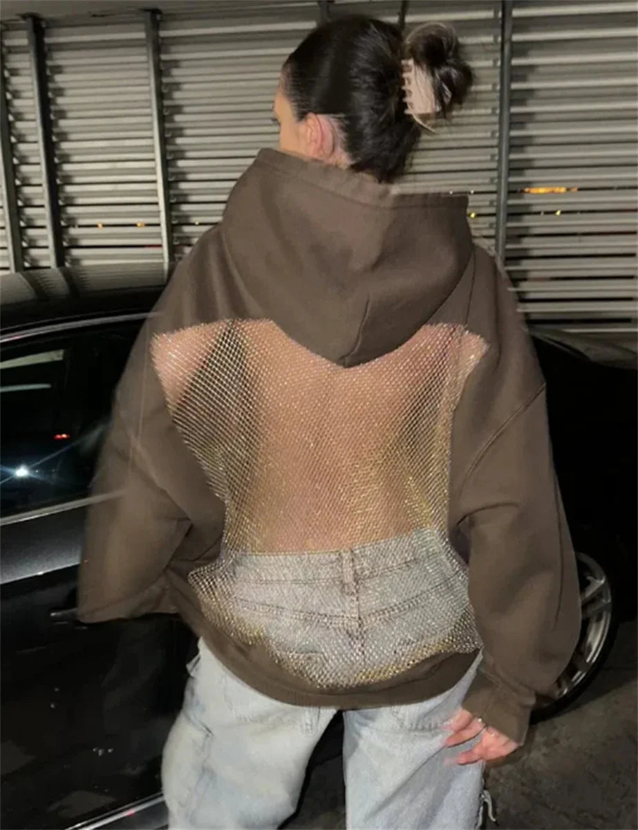 Women's Fashion Translucent Pullover Sweatshirt American Gothic Sexy Hollow Mesh Hoodie Y2K Clothes Casual Long Sleeves Jacket
