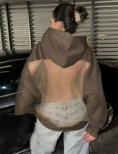 Women's Fashion Translucent Pullover Sweatshirt American Gothic Sexy Hollow Mesh Hoodie Y2K Clothes Casual Long Sleeves Jacket