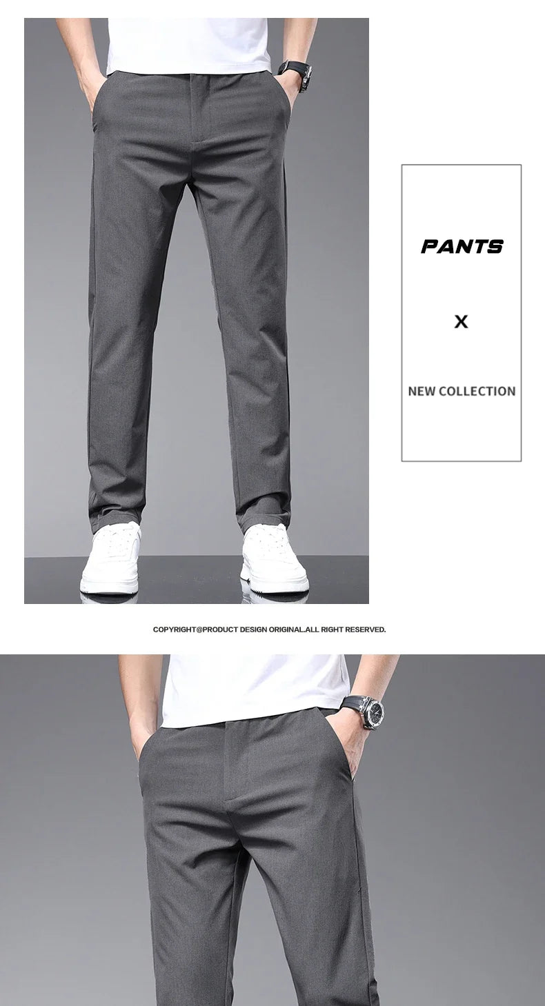 Spring Summer Thin Men's Slim Casual Pants Solid Color Elastic Waist Soft Breathable Business Straight Trousers Black Beige Gray