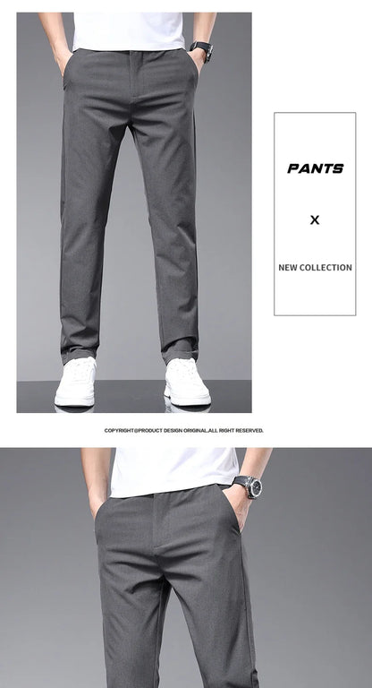 Spring Summer Thin Men's Slim Casual Pants Solid Color Elastic Waist Soft Breathable Business Straight Trousers Black Beige Gray