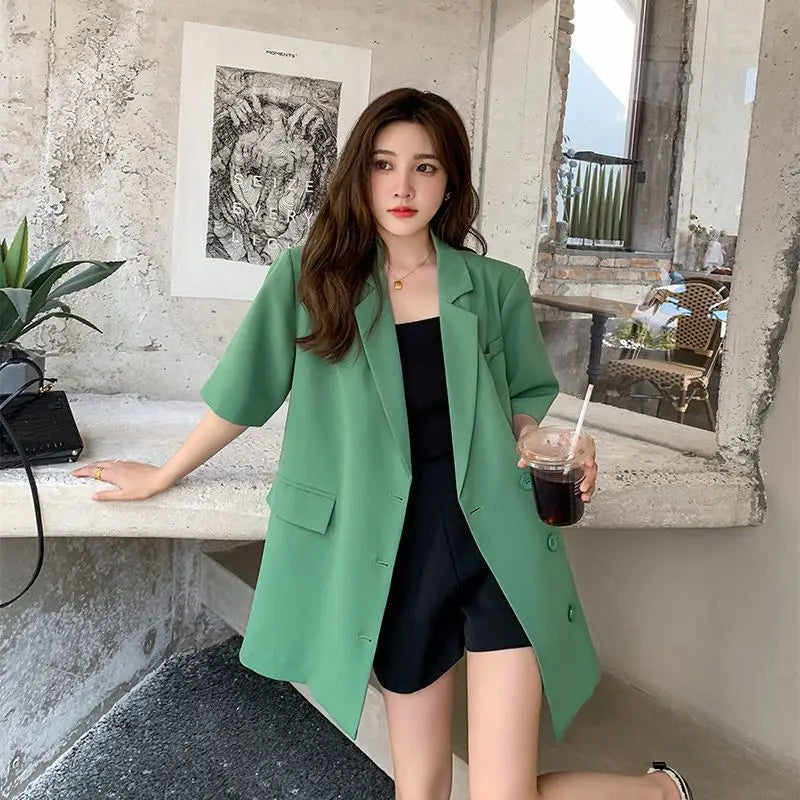 Korean Fashion Loose Thin Blazer Women Spring Autumn New Extra Large Mid Length Short Sleeved Women Coat Casual Outwear