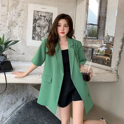 Korean Fashion Loose Thin Blazer Women Spring Autumn New Extra Large Mid Length Short Sleeved Women Coat Casual Outwear