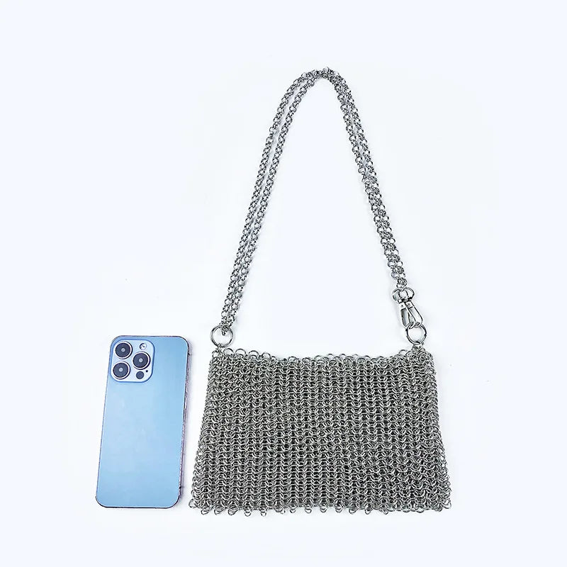Metallic Hauberk Shoulder Bag Woven Ring Tote Chain Mail Designer Purses and Handbags Handmade Hollow Crossbody Bags for Women