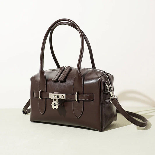 2025 Fall Winter New Top Grain Leather Spacious Boston Bag Lock Design Single Shoulder Crossbody Pack Women Commuting Handbag