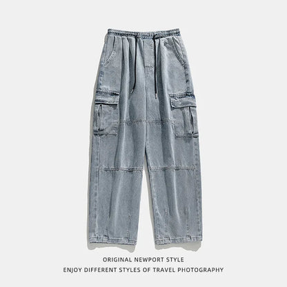 Korean men clothing Japanese style three-dimensional pocket jeans spring new retro vintage washed water workwear men's pants