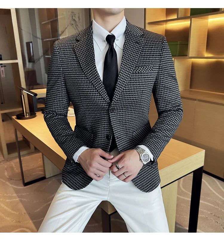 British Style Plaid Suit Jacket For Men 2025 New Business Casual Slim Blazer Formal Wedding Party Suit Dress Coats Men Clothing