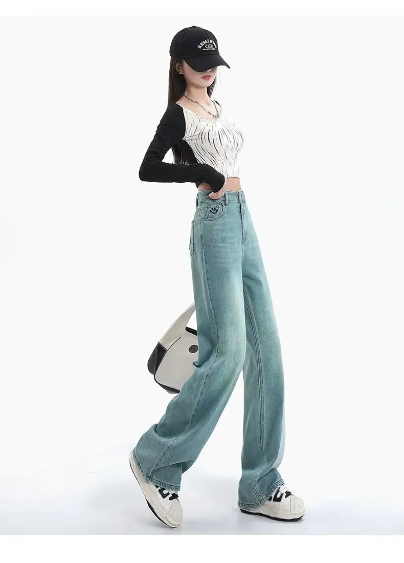 Women Comfortable Thin Denim Pants New Female Vintage Mid Waisted Jeans Pants Girls Smile Edition Straight Leg Jeans Trousers