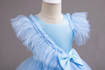 Summer Girls' New Bow Sequin Flying Sleeves Mesh Fluffy Skirt Piano Competition School Graduation Ceremony Dress