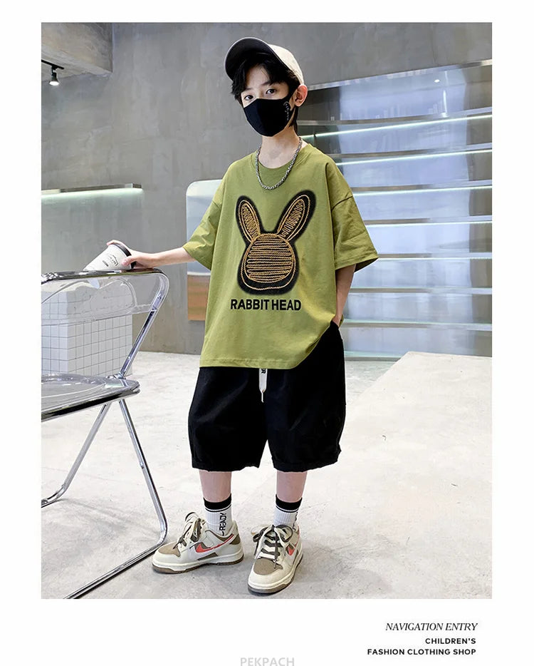 Cartoon Rabbit Boys Summer Clothing Two Piece Set Outfits Short Sleeved T-shirt Shorts Tracksuits Kids Children Casual Costumes
