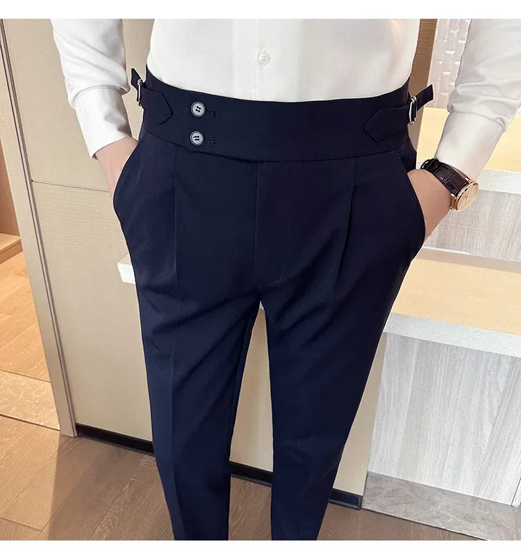Autumn Winter High Waist Business Dress Pants Men Casual Belt Design Slim Suit Pants Formal Wedding Social Party Male Trousers