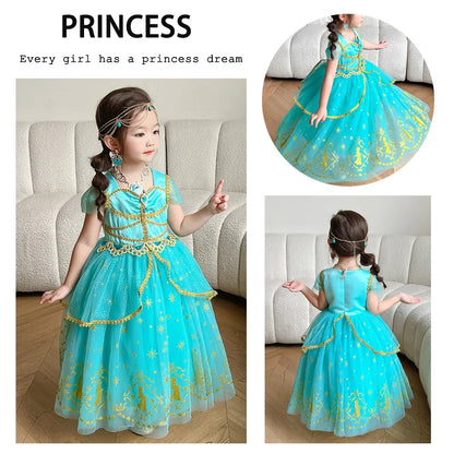 Girl Halloween Princess Dress Aladdin Magic Lamp Jasmine Dress Girl Fancy Mesh Ball Gown Childrens Day Gifts Carnival Costume