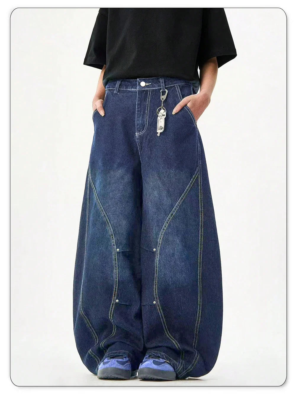 Men's American Retro Blue Loose Machete Wide Leg Jeans Unisex Baggy Straight Leg Sickle Denim Pants Deconstructed Balloon Pants