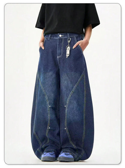 Men's American Retro Blue Loose Machete Wide Leg Jeans Unisex Baggy Straight Leg Sickle Denim Pants Deconstructed Balloon Pants