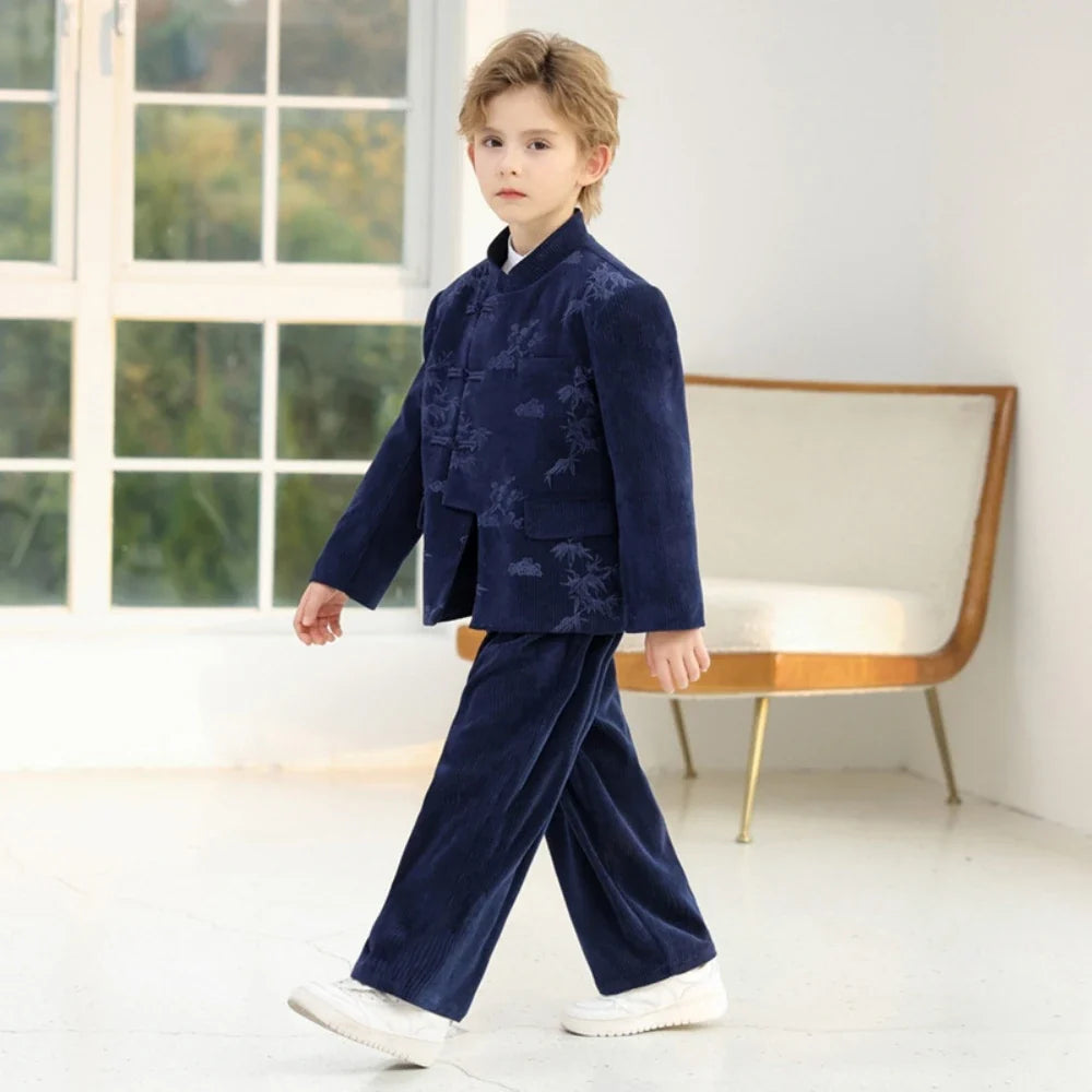 Chinese Style Boys Printed Suit Set 3 Pieces School Performance Wear Handsome Elegant Kids Tuxedo Birthday Party Sets 90-170cm