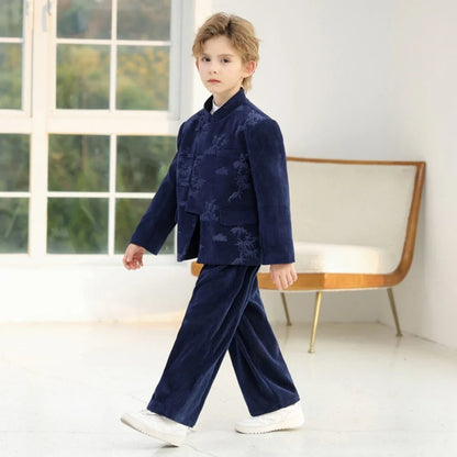Chinese Style Boys Printed Suit Set 3 Pieces School Performance Wear Handsome Elegant Kids Tuxedo Birthday Party Sets 90-170cm