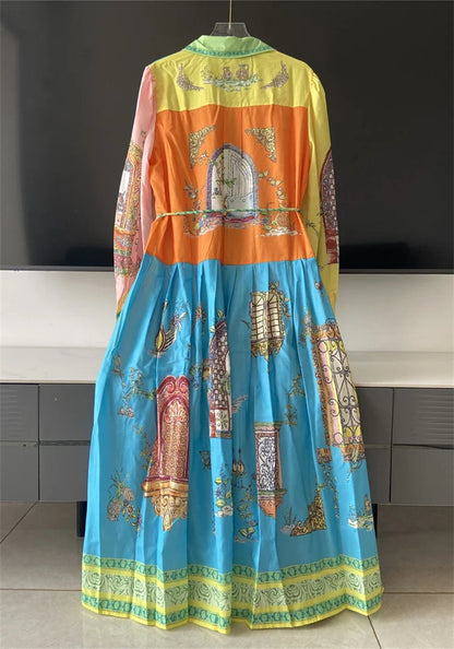 French Court Style Long Sleeve Dress Luxury Vintage Lapel Midi Dress Women Elegant Button-up Belted Party Dress Vestidos