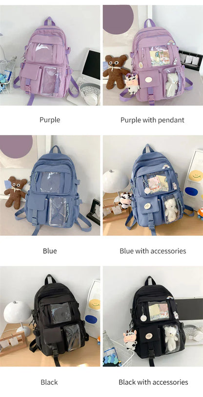 New Cute Nylon Backpack Suitable for Young Girls, Female Students, and Ladies, Multi-Pocket Student Backpack