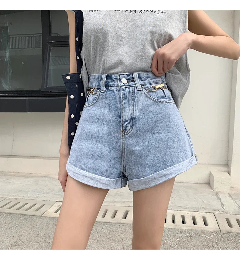 Summer 2024 Denim Shorts Women High Waisted Wide Leg Loose Crimping Blue Jeans Sequined Jean Shorts Female