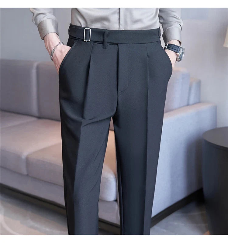 2026 Texture Naples Men's Solid Color Casual Pants Fashion Belt Design Slim Fit Suit Pants Formal Wear Wedding Social Trousers