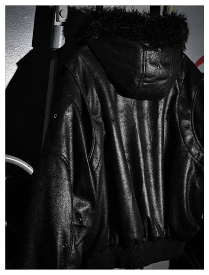 Spring Autumn Cool Short Oversized Thick Warm Pu Leather Jacket Men with Faux Fur Trim Hood Luxury Designer Clothes