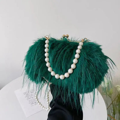 Luxury Faux Fur Evening Bag Pearl Chain Trendy Long Tassel Plush Shoulder Bag Large Capacity Tote Wedding Handbag XA48ZZ