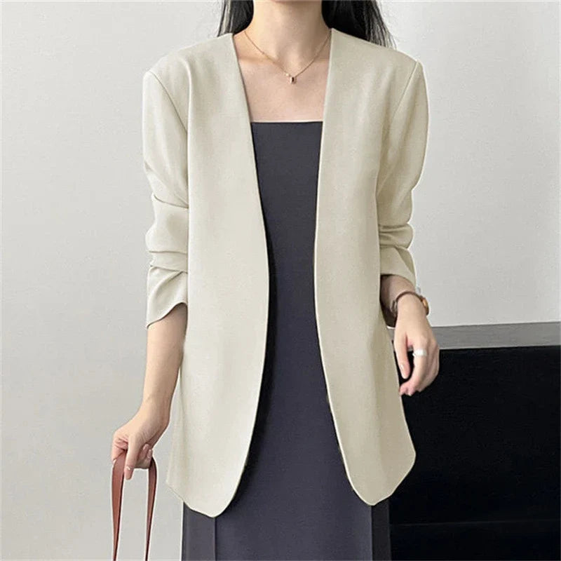 Fashion New Solid Casual Joker Women's Blazer Spring Autumn No Placket Cardigan Suit Jackets V-neck Long Sleeve 19-Color Coats